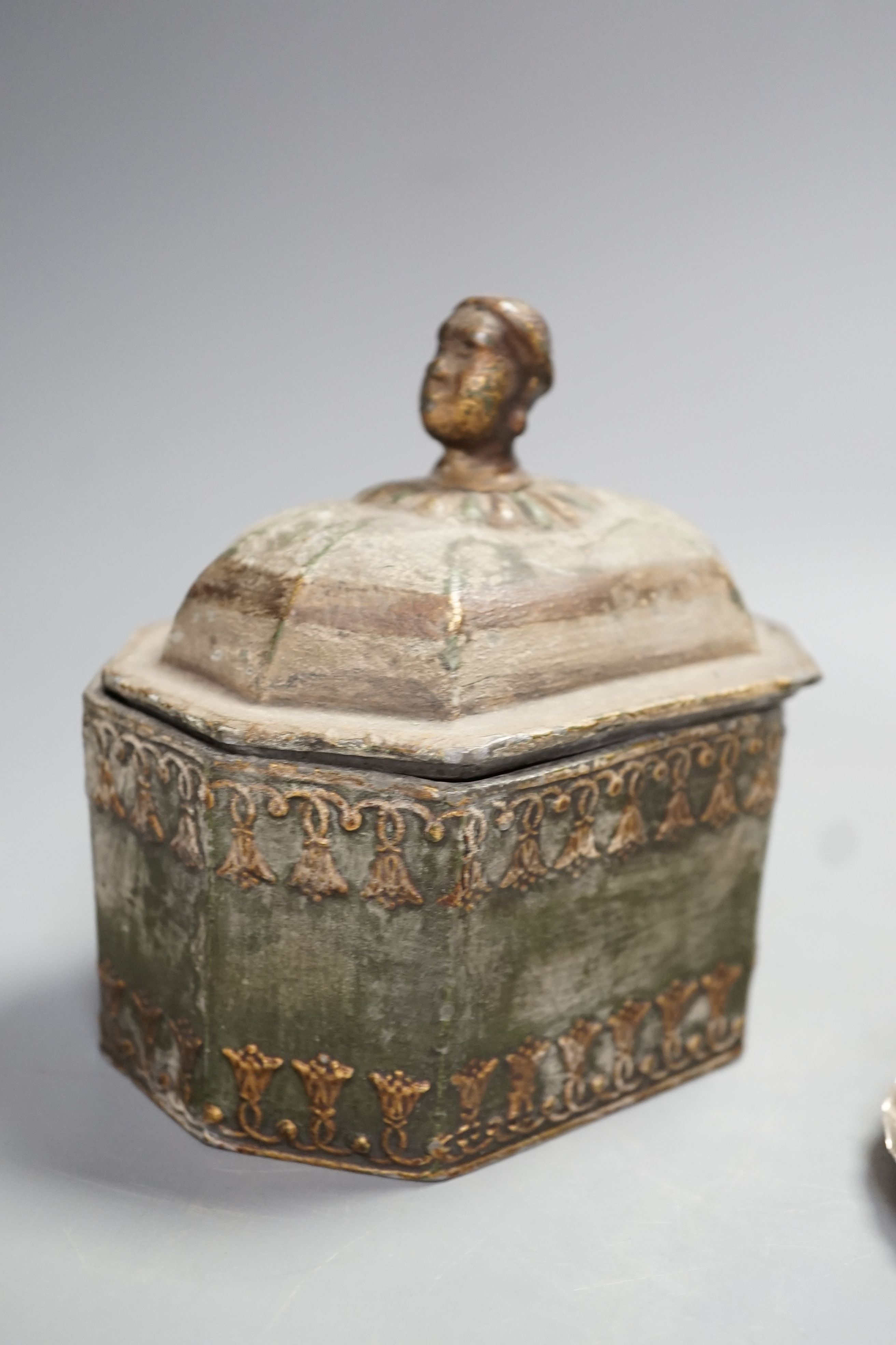 A Regency octagonal lead tobacco box, weight and cover, with slave-head finial, 14cm tall, and late Victorian silver cigarette holder